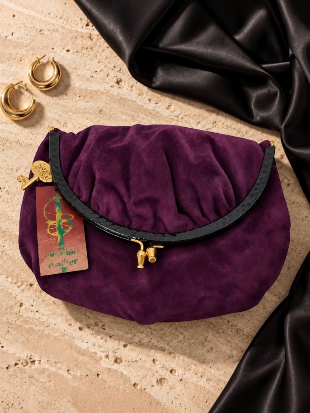 Vintage Ruth Saltz Plum Purple Suede Frame Clutch Half Moon Evening Bag Key Char